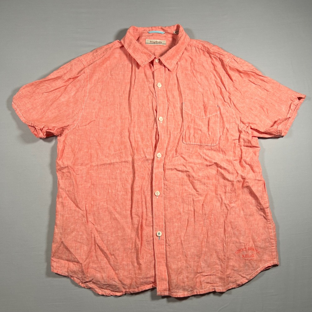 Tommy Bahama Relax Mens‎ XXL Coral Pink 100% Linen Short Sleeve Button Up Shirt